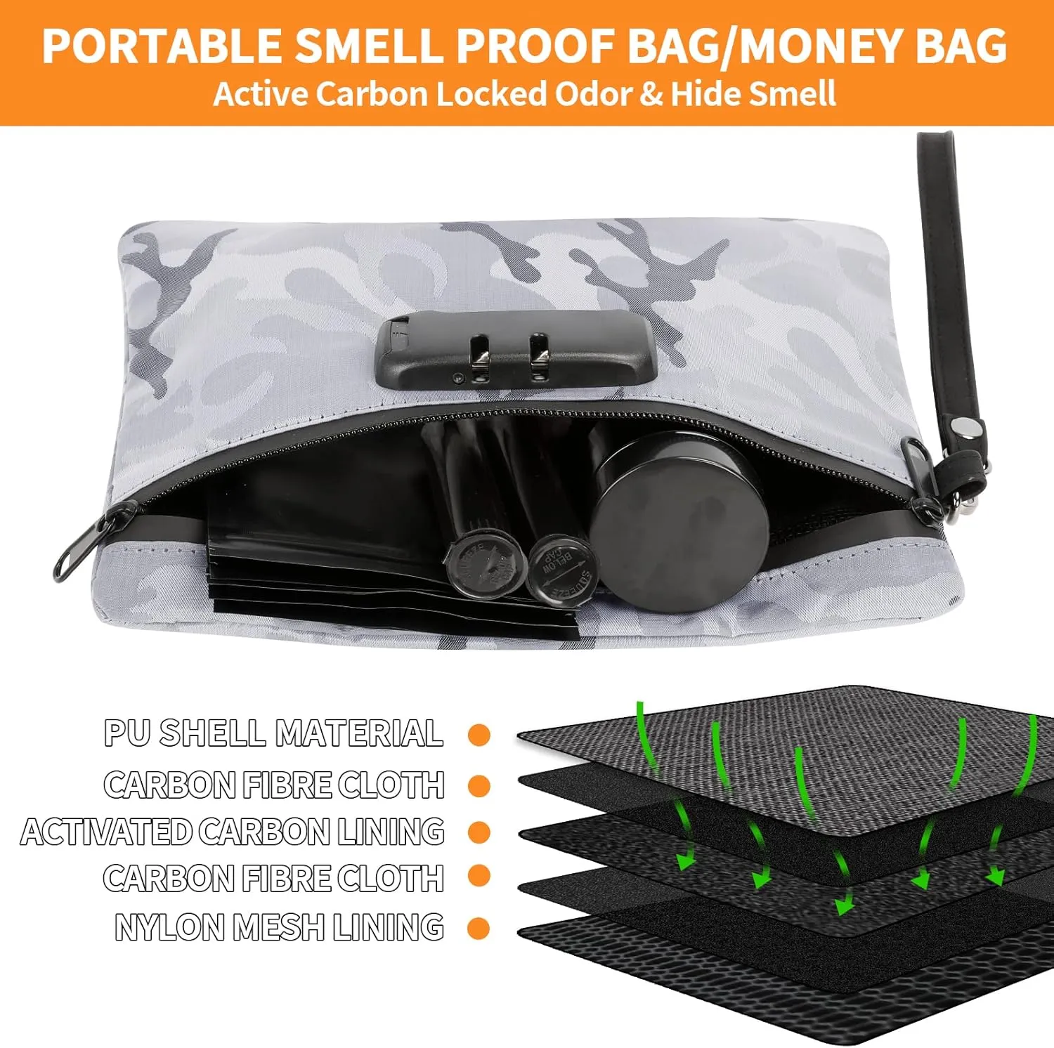 IDEATECH Smell Proof Bags, Odor Proof Container with Combination Lock, Odorless Travel Storage Case, Money Safe Bag, Medicine Pouch with Jar (Camo)