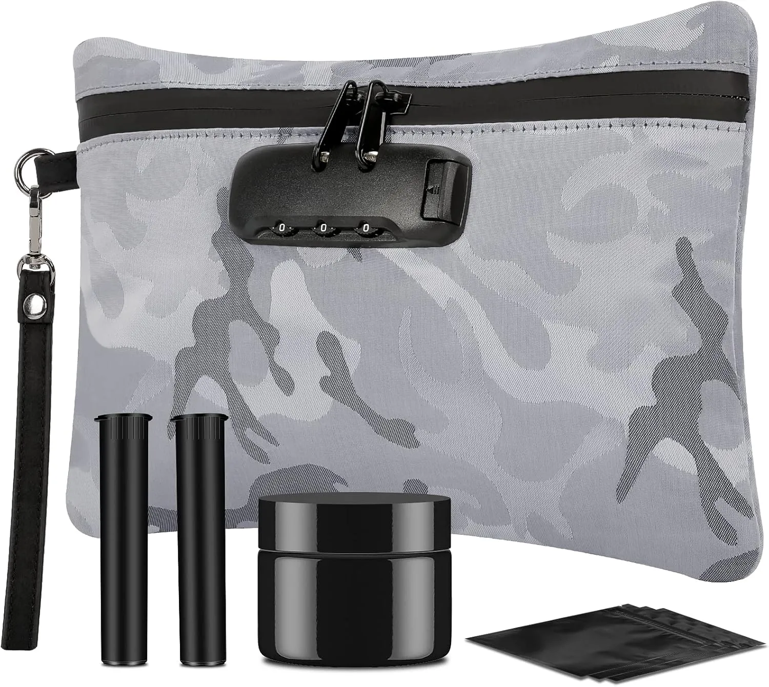 IDEATECH Smell Proof Bags, Odor Proof Container with Combination Lock, Odorless Travel Storage Case, Money Safe Bag, Medicine Pouch with Jar (Camo)