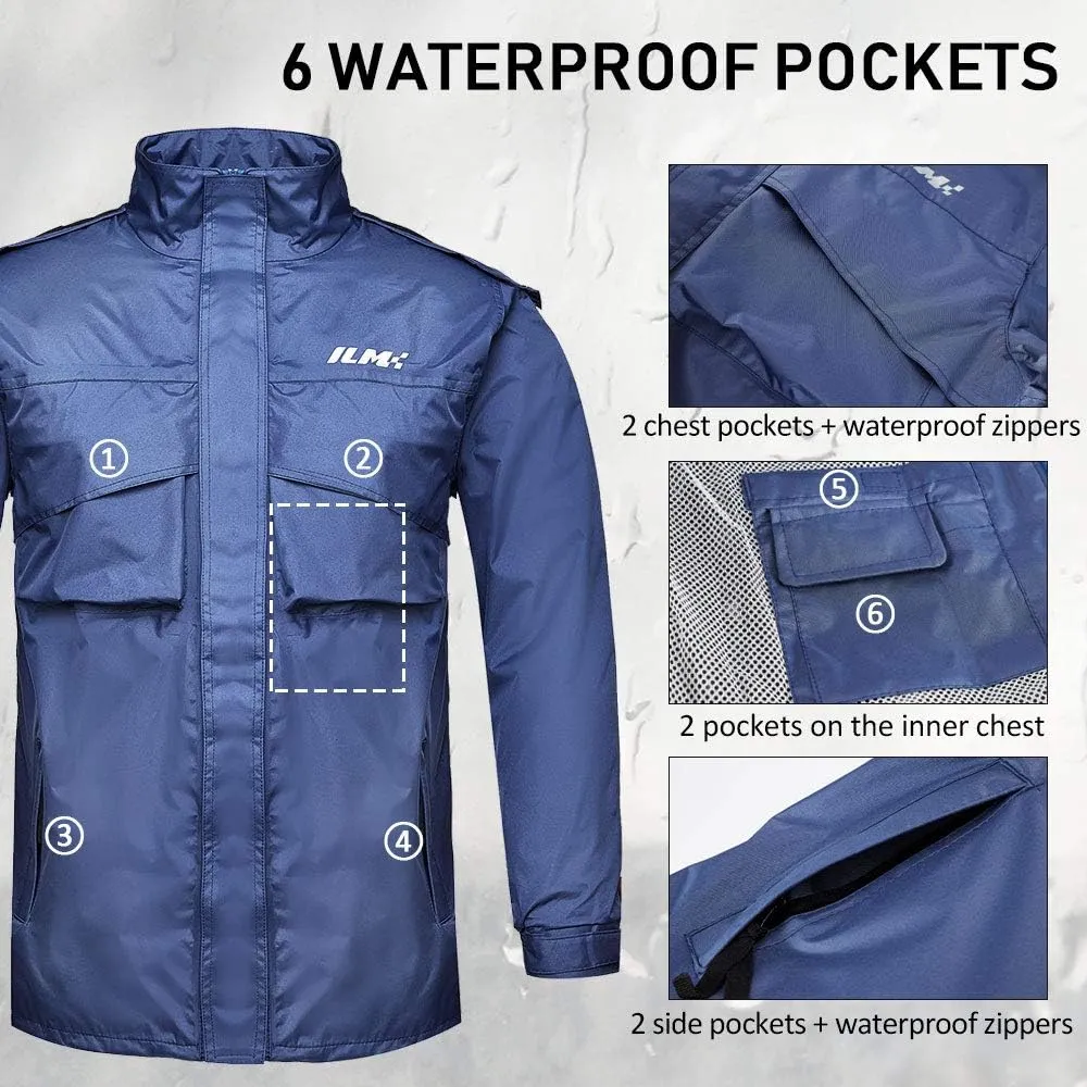 ILM Motorcycle Rain Suit for Men Waterproof Resistant Raincoat 6 Pockets 2 Pieces Packable Rainwear Jacket and Pants Model RS02