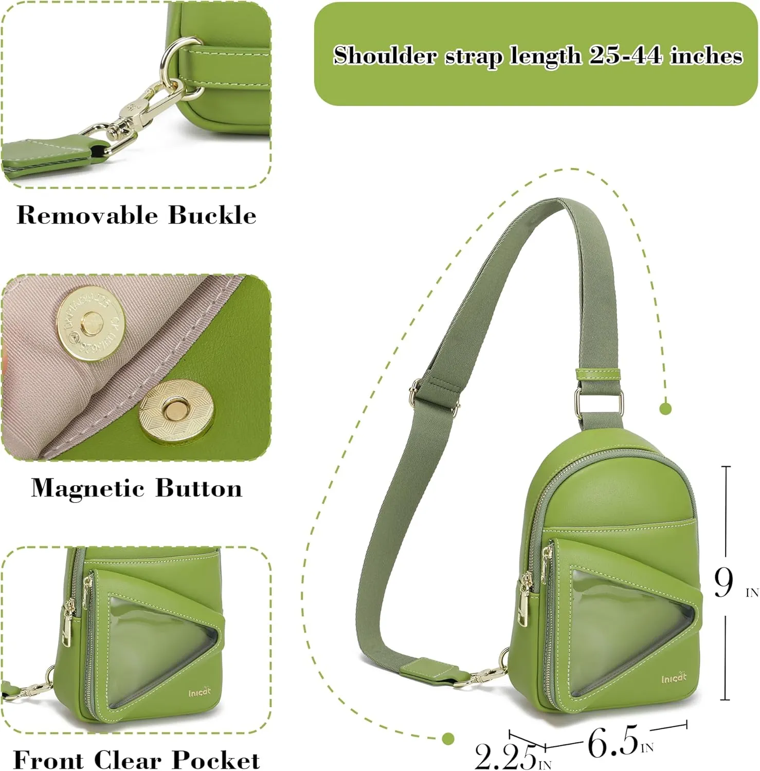 INICAT Sling Bag for Women Small Crossbody Bags Leather Fanny Pack for Travel Essentials(Green Forest)