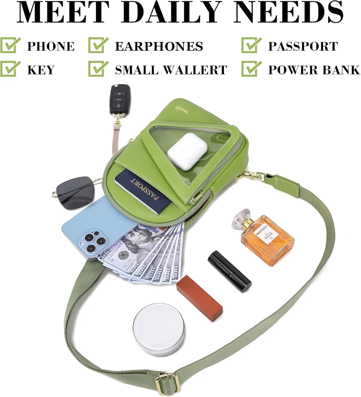 INICAT Sling Bag for Women Small Crossbody Bags Leather Fanny Pack for Travel Essentials(Green Forest)