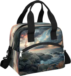 Insulated Reusable Lunch Bag for Women Men Lighthouse Seashore Clouds Large Lunch Box Adult with Adjustable Shoulder Strap, Leakproof Lunch Tote Bags for Work Office Travel Picnic