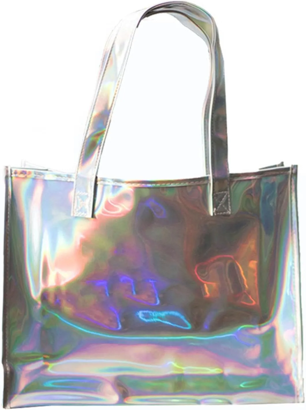 Iridescent Tote Bag Holographic PVC Handbag Waterproof Opaque Beach Bag Reusable for Shopping Vacation Travel Pool