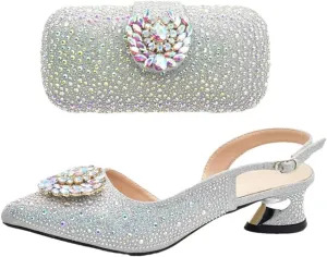 Italian Wedding Rhinestone Shoes Bag Set Crystal Bridal Pumps Matching Purse