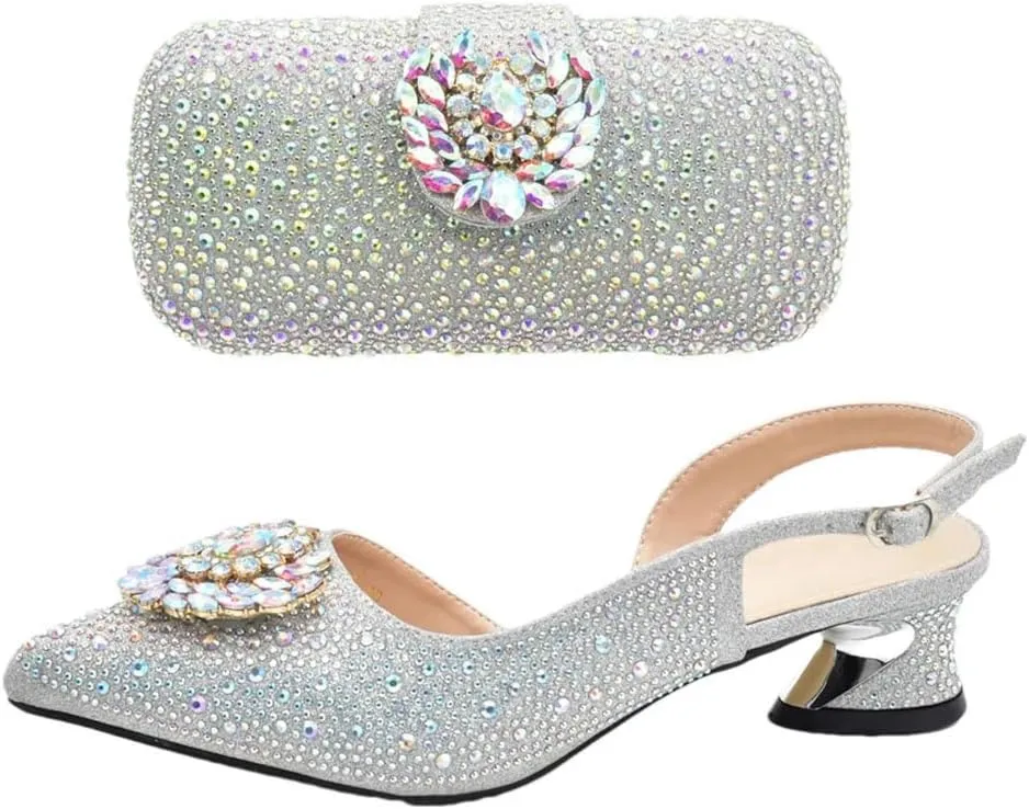 Italian Wedding Rhinestone Shoes Bag Set Crystal Bridal Pumps Matching Purse
