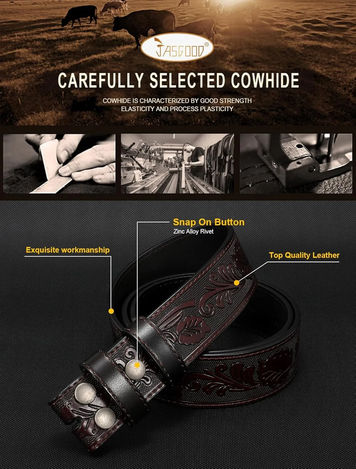 JASGOOD Mens Western Leather Belt Strap Without Buckle 1.5" Vintage Replacement Cowboy Leather Belt Strap with Snap on Buckle
