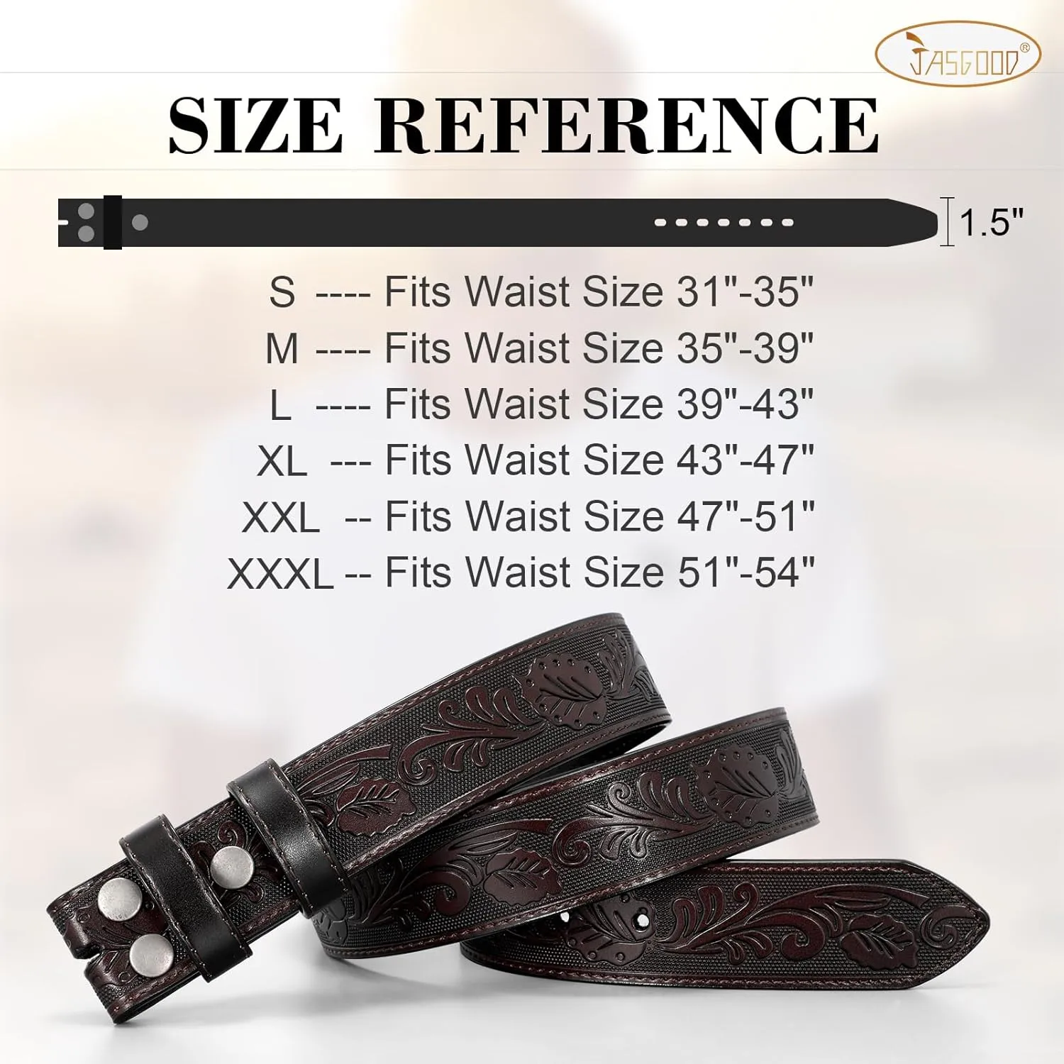 JASGOOD Mens Western Leather Belt Strap Without Buckle 1.5" Vintage Replacement Cowboy Leather Belt Strap with Snap on Buckle