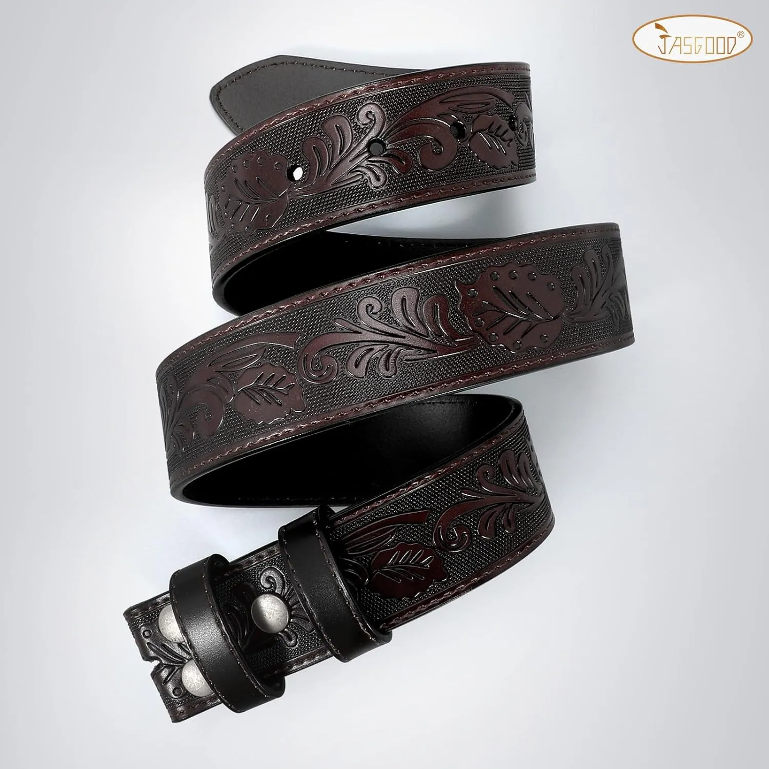 JASGOOD Mens Western Leather Belt Strap Without Buckle 1.5" Vintage Replacement Cowboy Leather Belt Strap with Snap on Buckle
