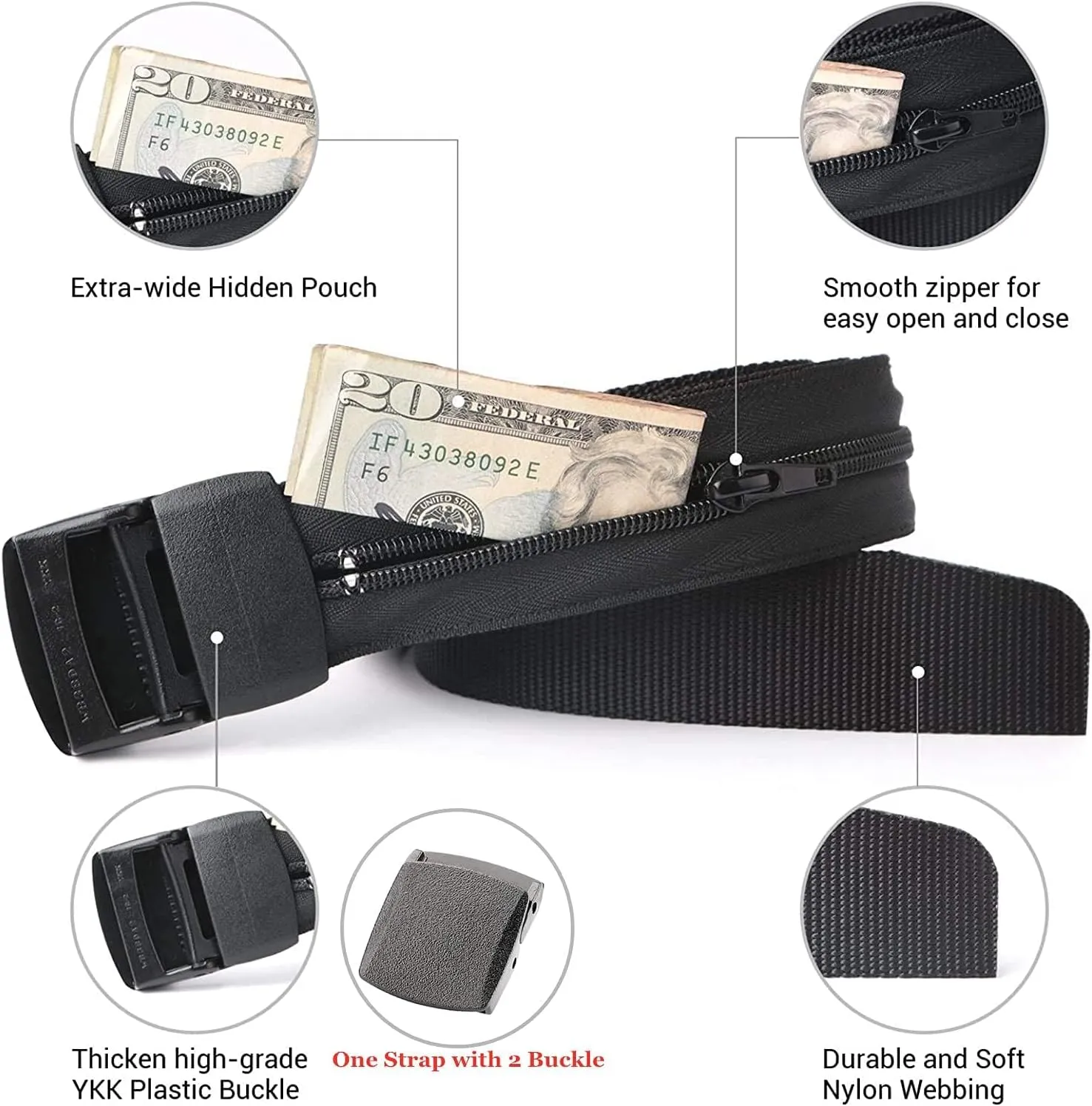 JASGOOD Travel Security Money Belt with Hidden Money Pocket - Cashsafe Anti-Theft Wallet Unisex Nickel free Nylon Belt