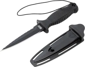 JBL Spearguns The Shiv X Dive Knife for Freediving, Spearfishing, Diving, Non-Slip Rubber Handle, Stainless Steel, Molded Sheath, Survival Hunting Knife, 4.5 Inch Double Edge Blade