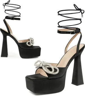JENN ARDOR Womens Platform Heels Lace Up High Strappy Sandals 5 inch Chunky Prom Shoes Butterfly Heeled for Club Party Date (tie-up/Buckle)