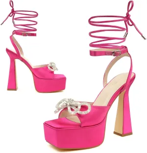 JENN ARDOR Womens Platform Heels Lace Up High Strappy Sandals 5 inch Chunky Prom Shoes Butterfly Heeled for Club Party Date (tie-up/Buckle)