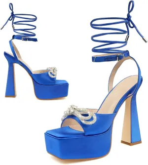 JENN ARDOR Womens Platform Heels Lace Up High Strappy Sandals 5 inch Chunky Prom Shoes Butterfly Heeled for Club Party Date (tie-up/Buckle)