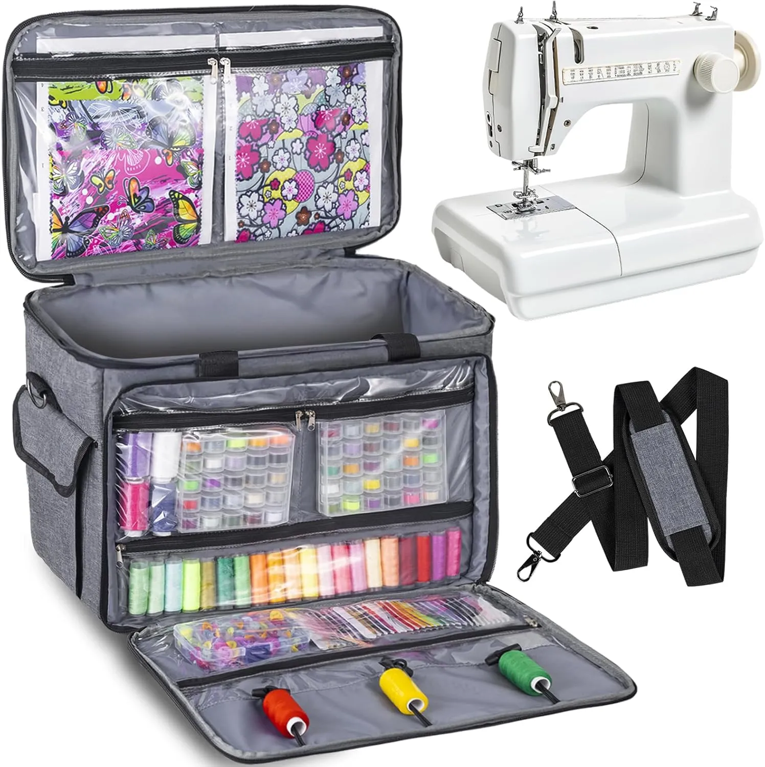 JJRING Sewing Machine Carrying Case, Portable Sewing Machine Bag with Shoulder Strap, Heavy Duty Sewing Machine Tote Suitable for Standard Sewing Machines, Gray
