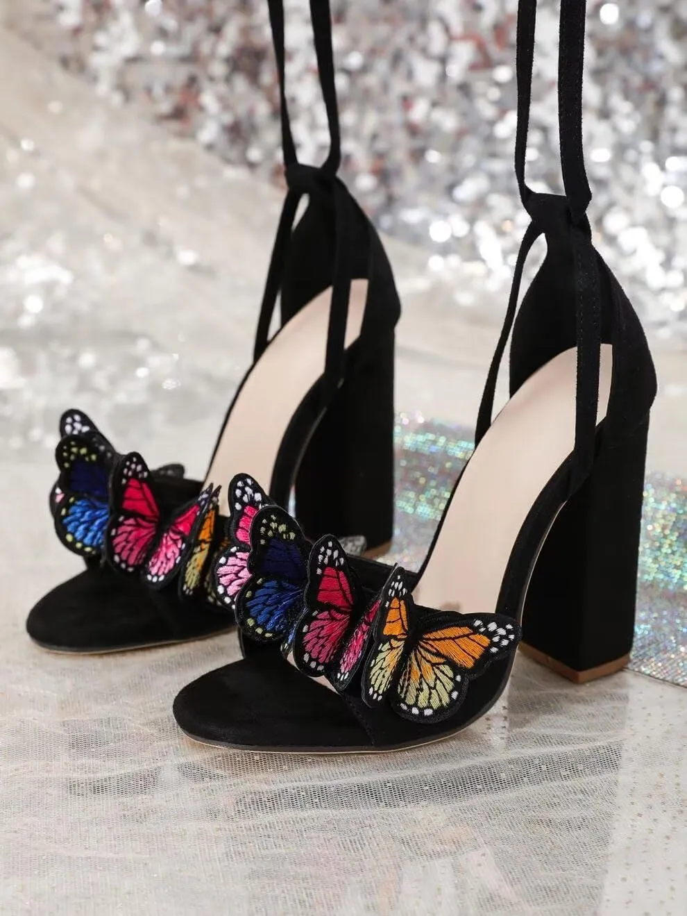 JOEupin Women's Strappy Chunky Heels Sandals 3 inch Butterfly Lace Up Ankle Wrap Heel Wedding Bridal Heeled Sandals Shoes