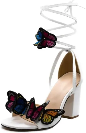 JOEupin Women's Strappy Chunky Heels Sandals 3 inch Butterfly Lace Up Ankle Wrap Heel Wedding Bridal Heeled Sandals Shoes