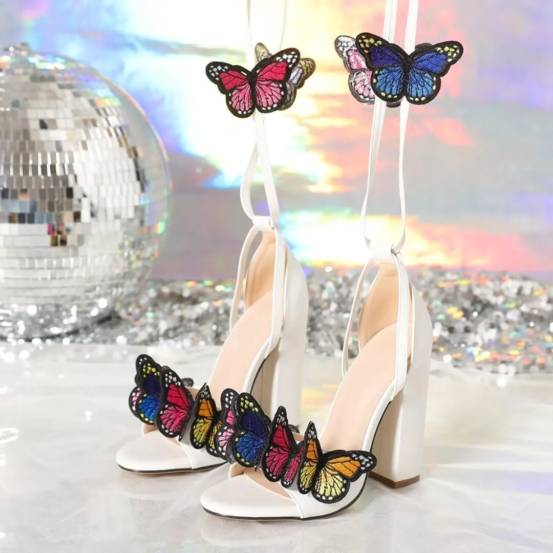 JOEupin Women's Strappy Chunky Heels Sandals 3 inch Butterfly Lace Up Ankle Wrap Heel Wedding Bridal Heeled Sandals Shoes