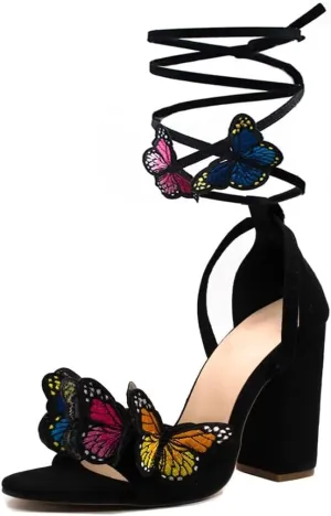 JOEupin Women's Strappy Chunky Heels Sandals 3 inch Butterfly Lace Up Ankle Wrap Heel Wedding Bridal Heeled Sandals Shoes