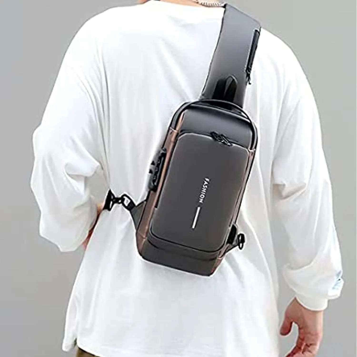 JOYAZ USB Charging Sport Sling Anti-Theft Shoulder Bag, Motorcycle Backpack Crossbody Bags Chest Daypack (Grey with Brown)