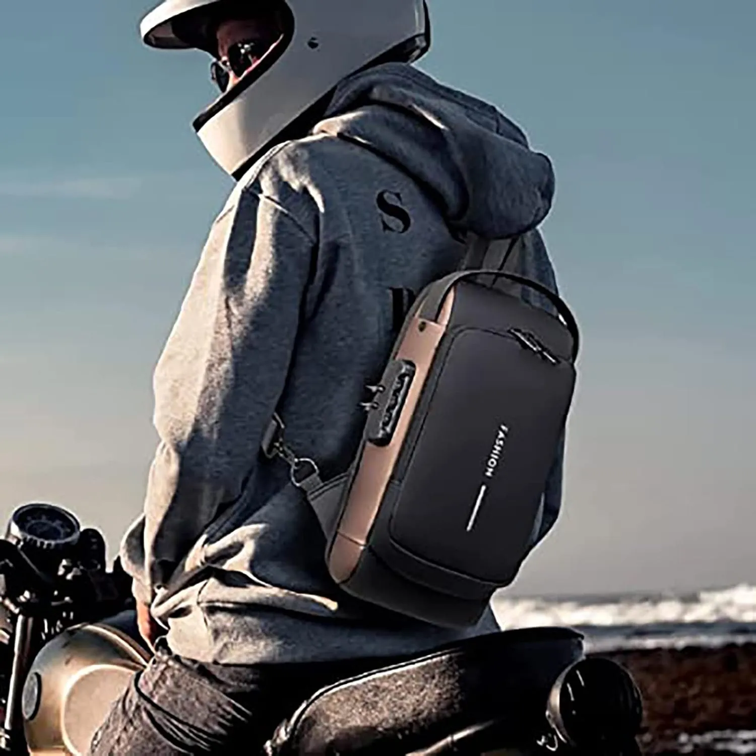 JOYAZ USB Charging Sport Sling Anti-Theft Shoulder Bag, Motorcycle Backpack Crossbody Bags Chest Daypack (Grey with Brown)
