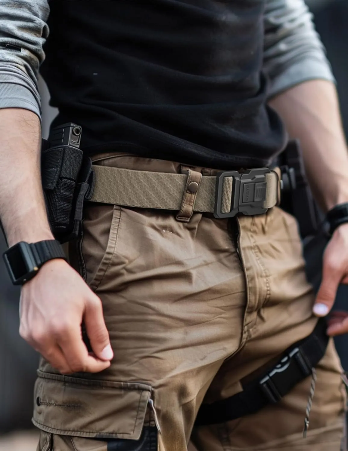JUKMO Men's Tactical Belt with Lock, Military Work 1.5" Stretch Nylon Web Quick Release Belt with Heavy Duty Seatbelt Buckle