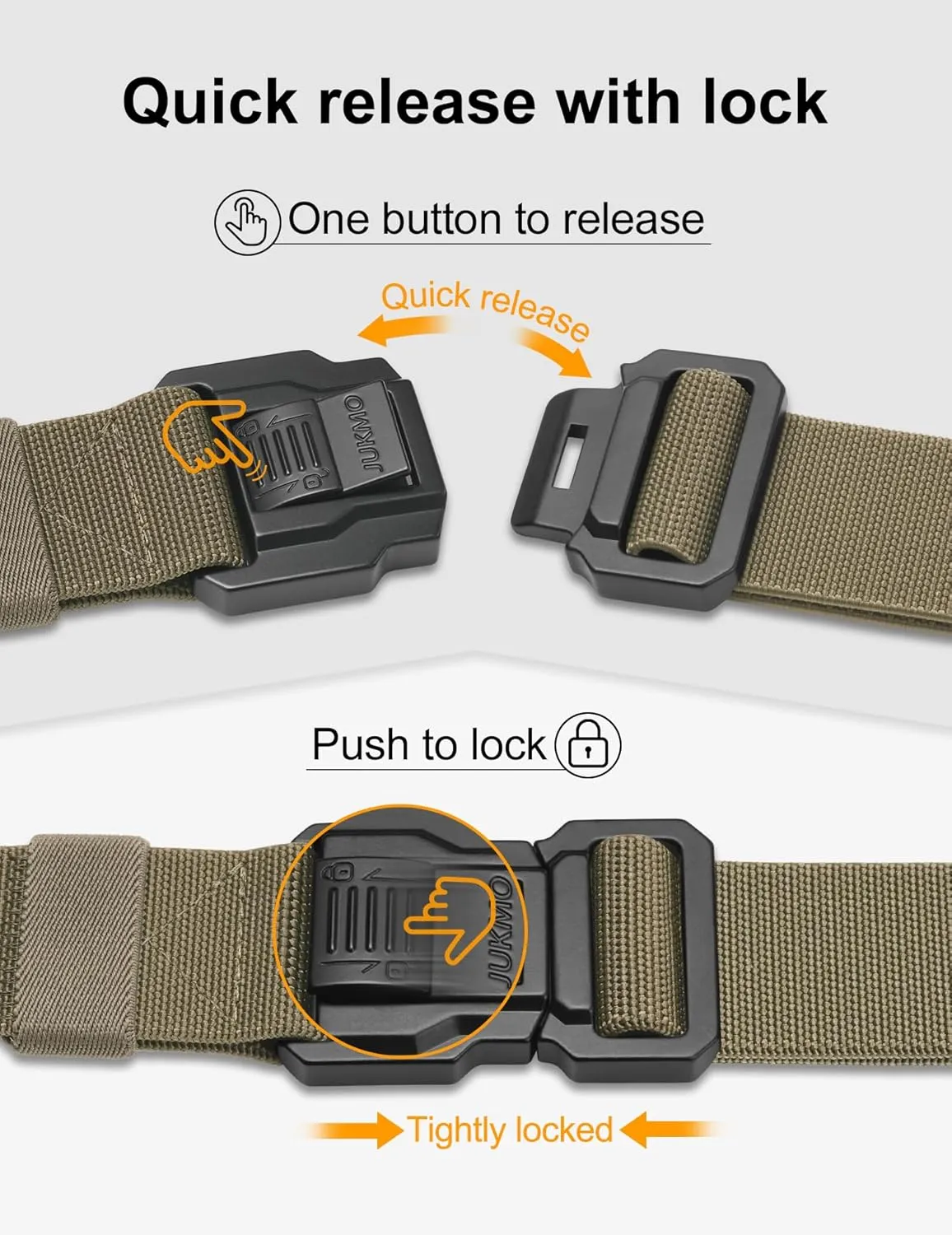 JUKMO Men's Tactical Belt with Lock, Military Work 1.5" Stretch Nylon Web Quick Release Belt with Heavy Duty Seatbelt Buckle