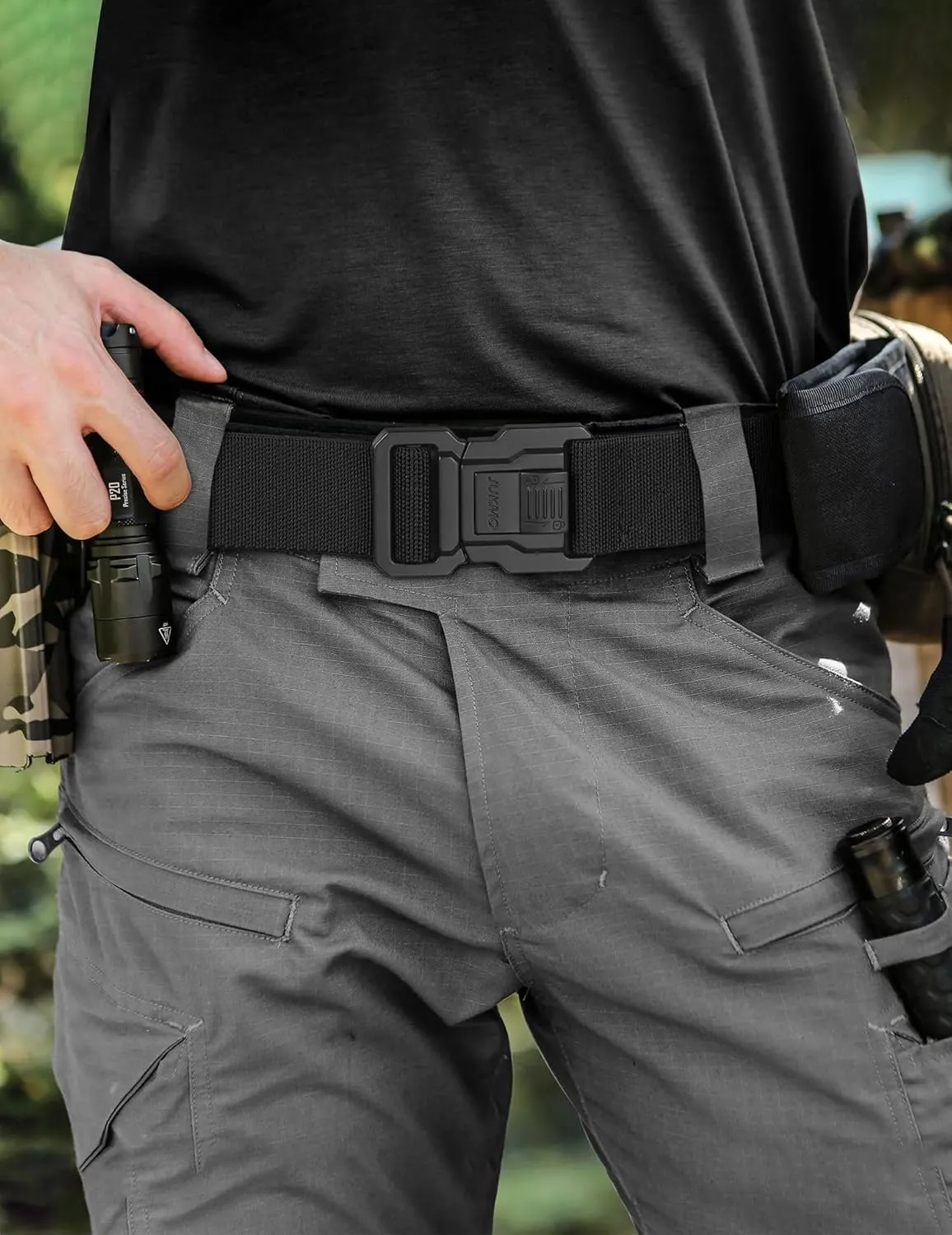 JUKMO Men's Tactical Belt with Lock, Military Work 1.5" Stretch Nylon Web Quick Release Belt with Heavy Duty Seatbelt Buckle