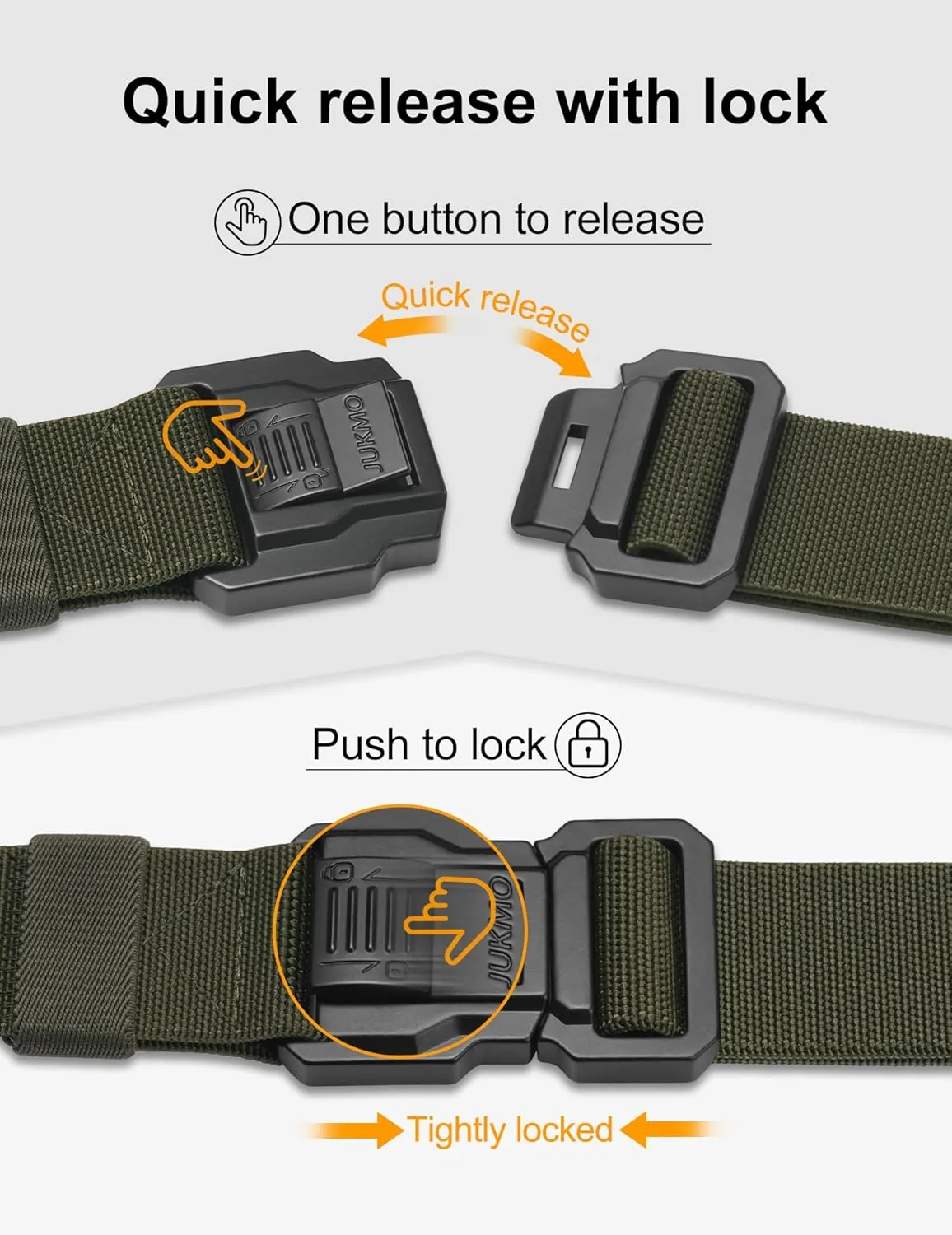 JUKMO Men's Tactical Belt with Lock, Military Work 1.5" Stretch Nylon Web Quick Release Belt with Heavy Duty Seatbelt Buckle