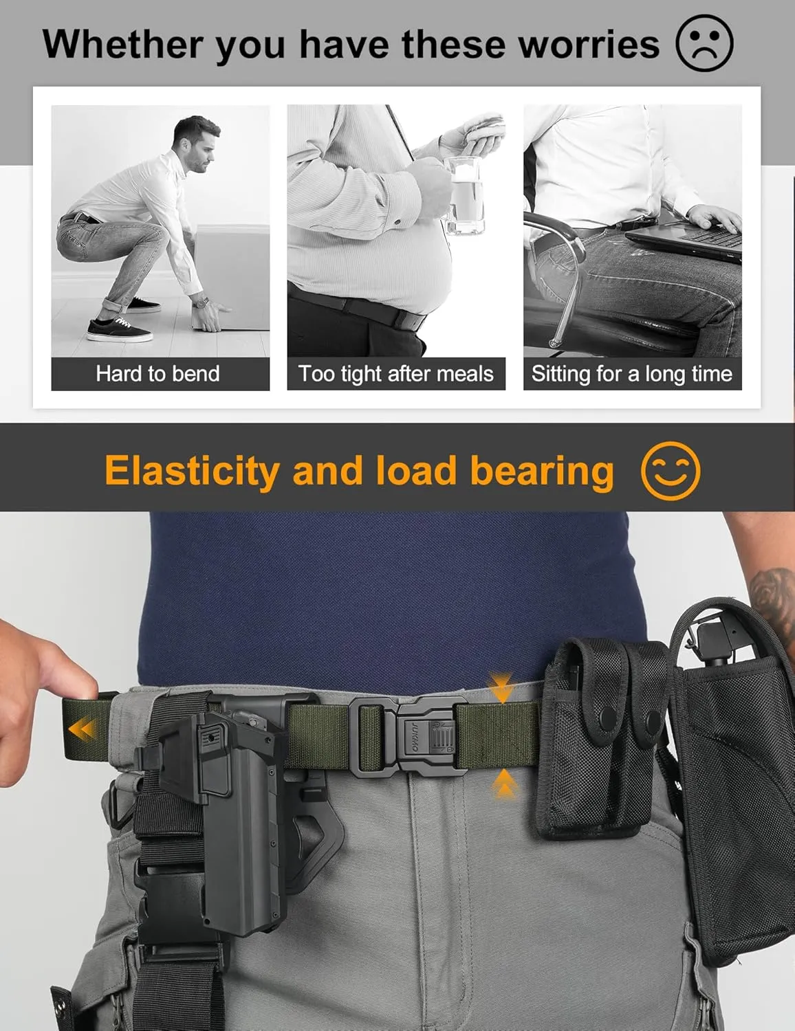JUKMO Men's Tactical Belt with Lock, Military Work 1.5" Stretch Nylon Web Quick Release Belt with Heavy Duty Seatbelt Buckle