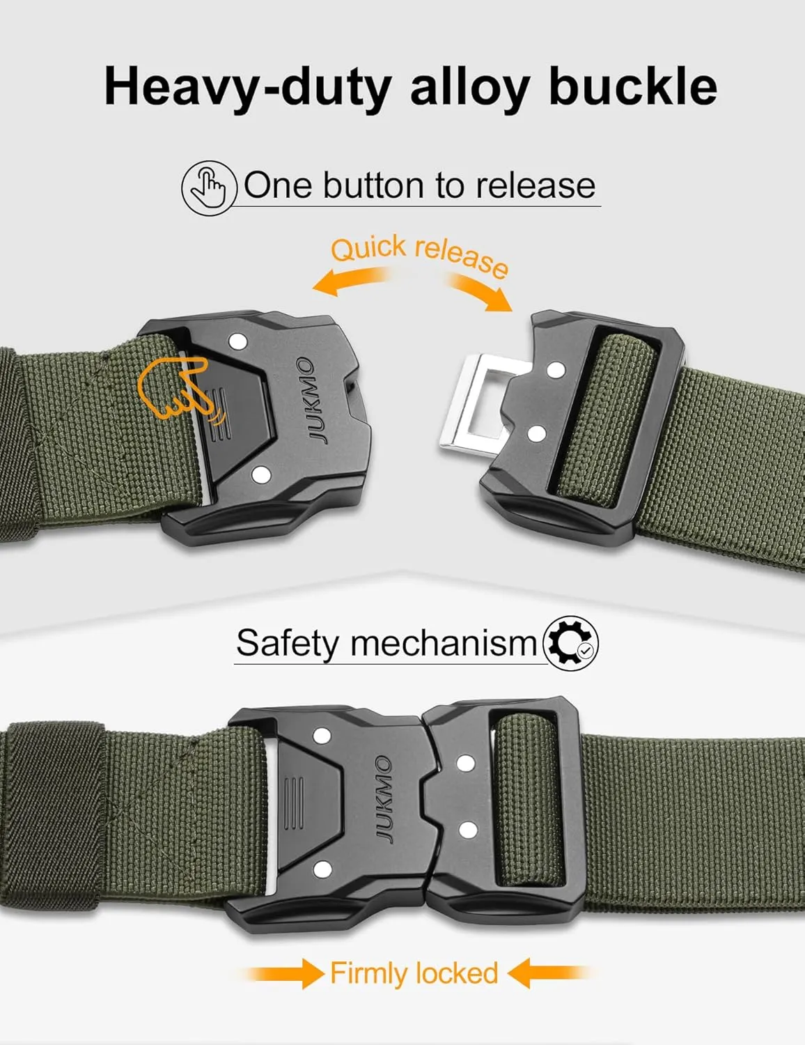 JUKMO Quick Release Tactical Belt, Military Work 1.5" Nylon Web Hiking Belt with Heavy Duty Seatbelt Buckle
