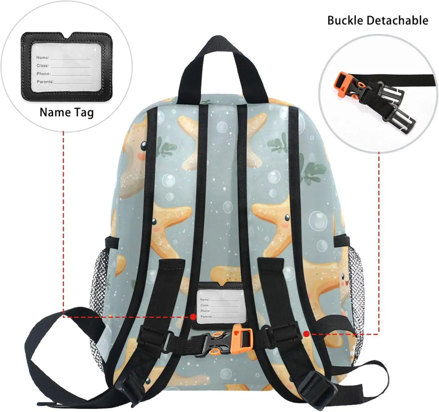 JUNZAN Cute Starfish Grey Backpacks for Kids Chest Strap Toddlers Backpack for Girls Bookbags for Amusement Park