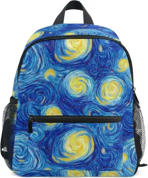 JUNZAN Masterpiece Starry Night Blue Kids Travel Backpack Bottle Pockets Bookbag for Amusement Park