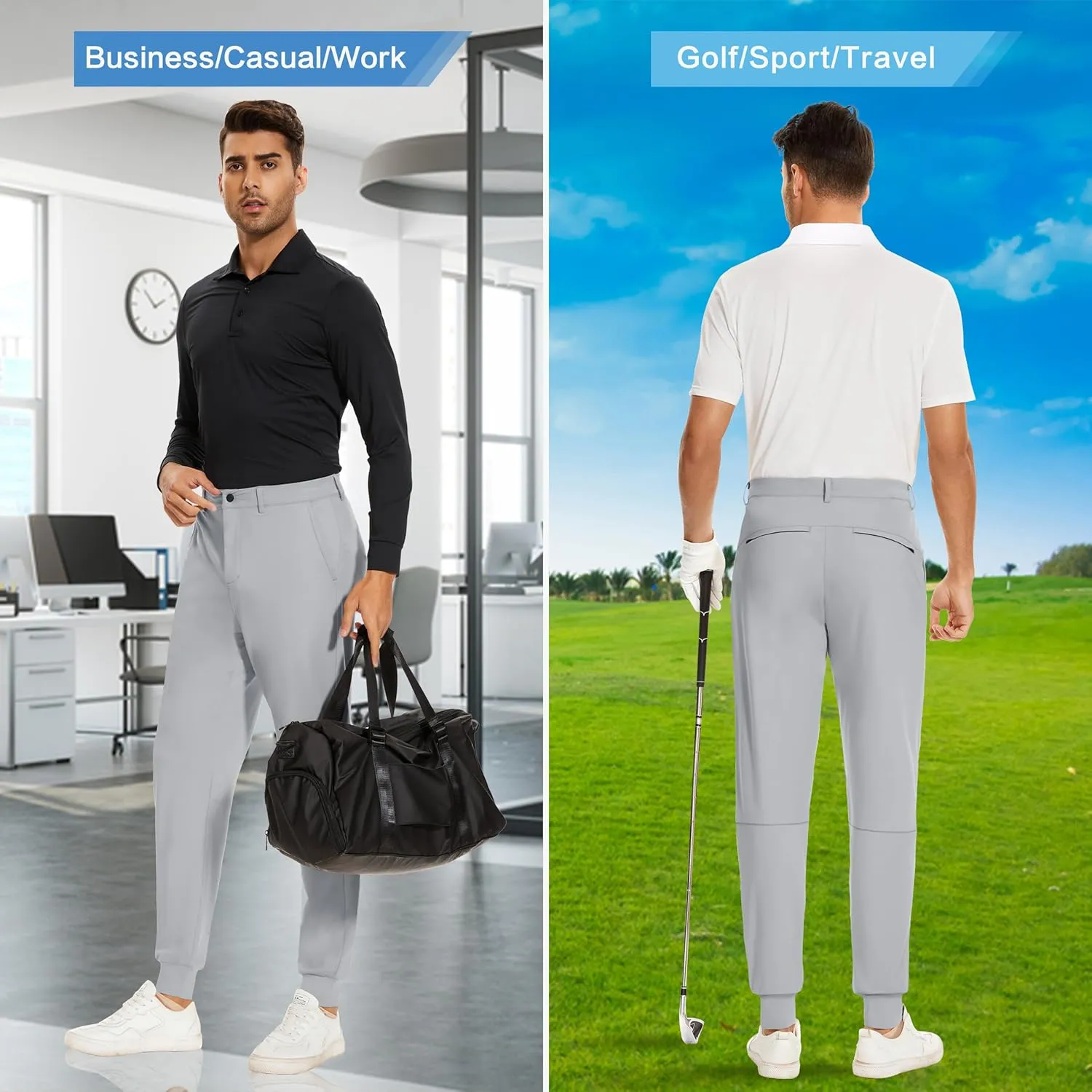 JWM Men's Stretch Golf Joggers Pants with Belt Loops - 29" 34" Slim Fit Tapered Casual Business Travel Dress Work Sweatpants