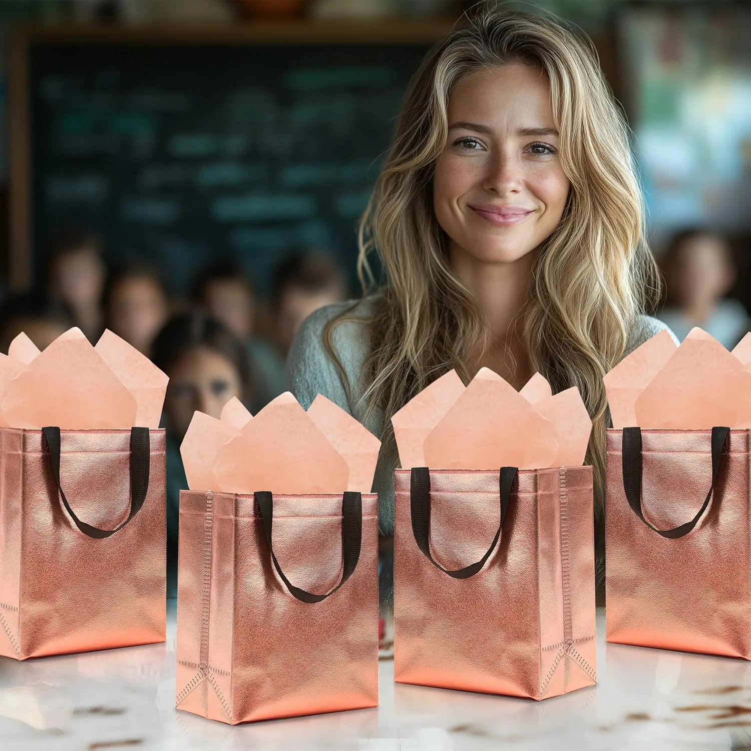 KeerxunBag 12pcs Reusable Gift Bags（Includes Tissue Paper） Gift bag with handle Birthdays Parties Holidays Weddings Medium 10x4x8in rose gold Gift Bags