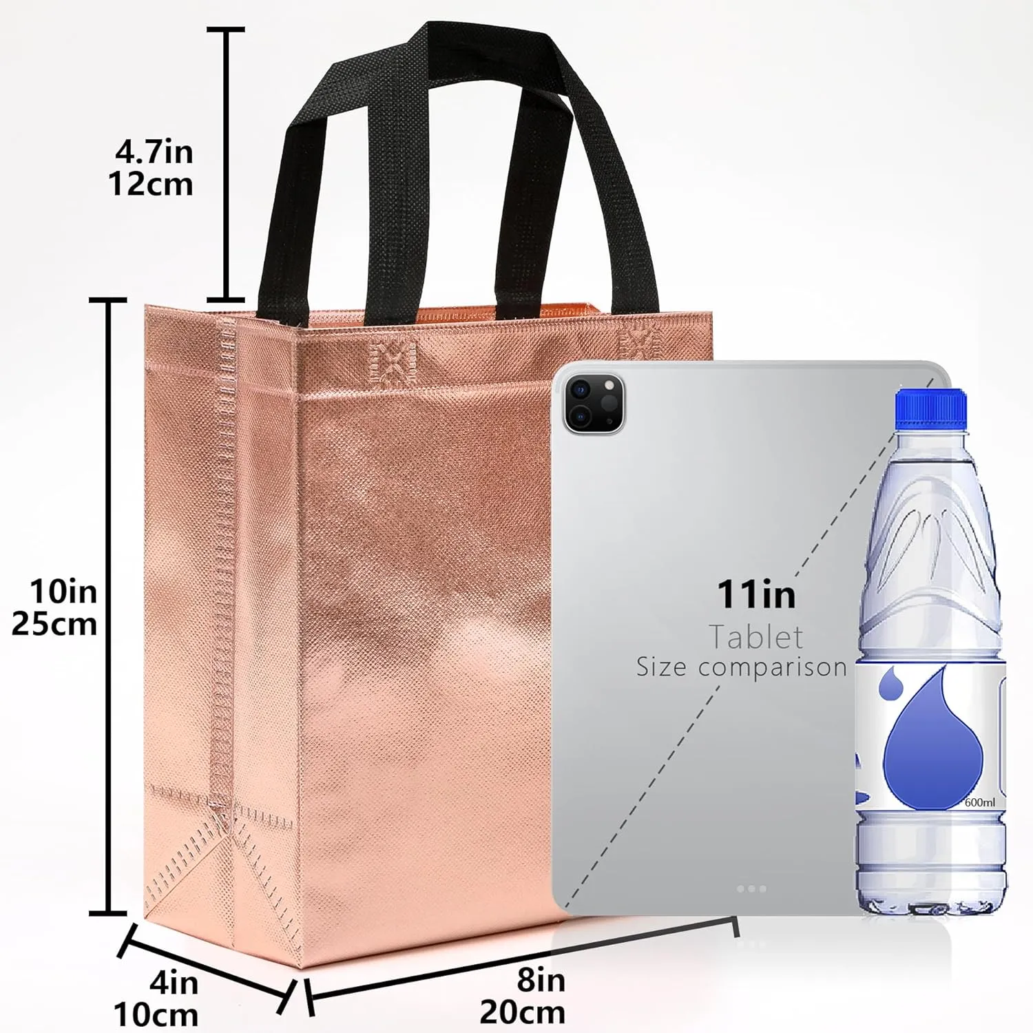 KeerxunBag 12pcs Reusable Gift Bags（Includes Tissue Paper） Gift bag with handle Birthdays Parties Holidays Weddings Medium 10x4x8in rose gold Gift Bags