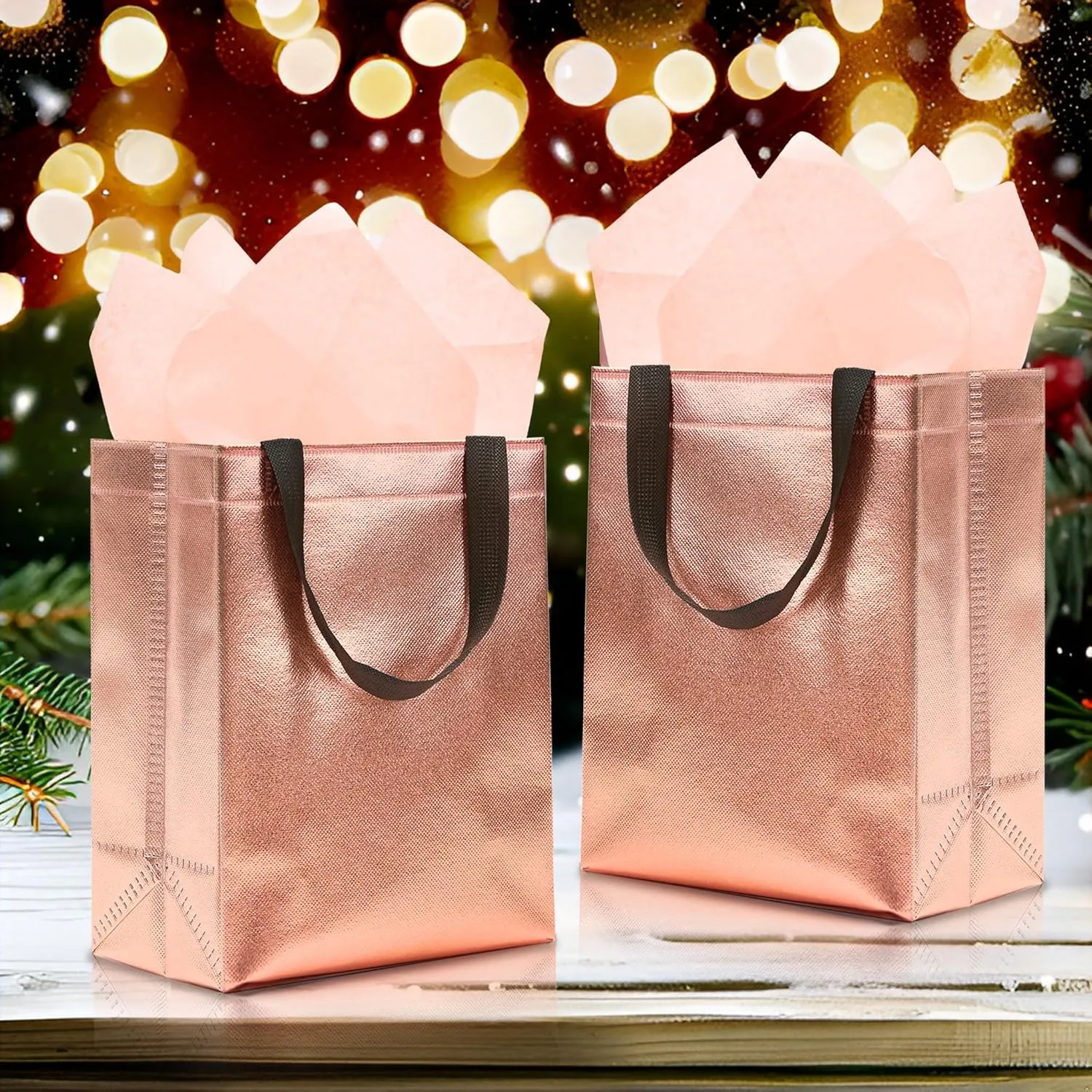 KeerxunBag 12pcs Reusable Gift Bags（Includes Tissue Paper） Gift bag with handle Birthdays Parties Holidays Weddings Medium 10x4x8in rose gold Gift Bags