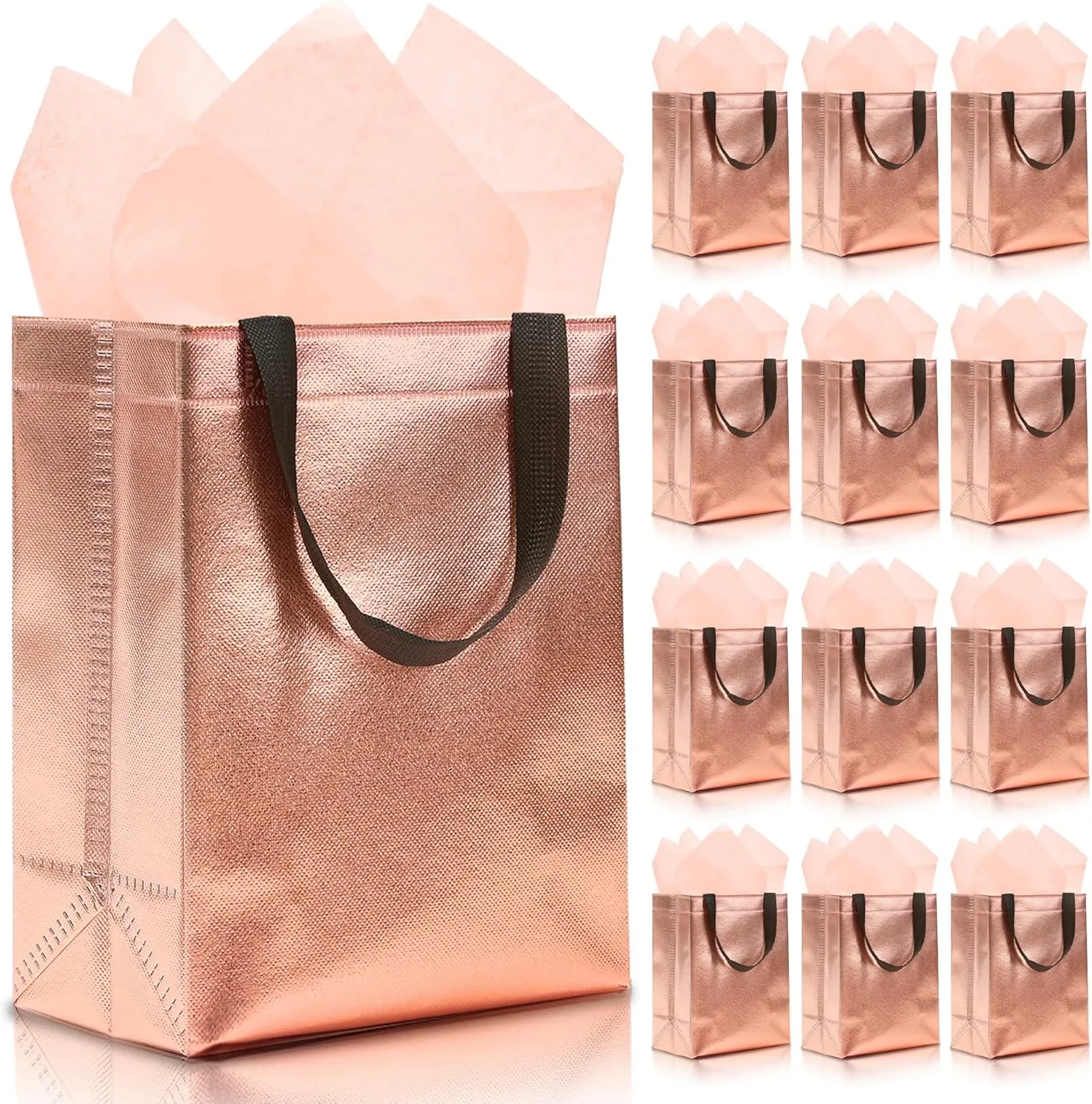 KeerxunBag 12pcs Reusable Gift Bags（Includes Tissue Paper） Gift bag with handle Birthdays Parties Holidays Weddings Medium 10x4x8in rose gold Gift Bags