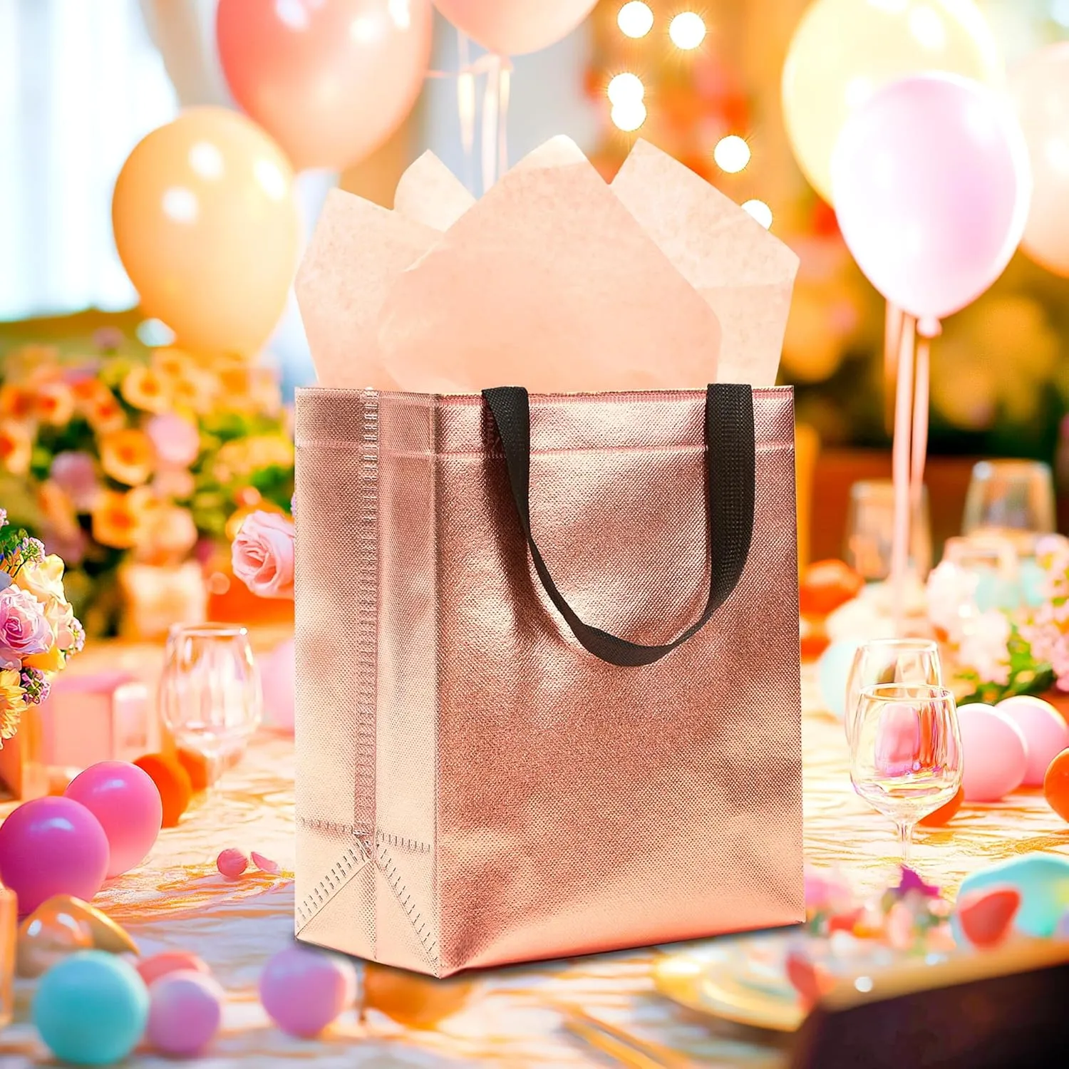 KeerxunBag 12pcs Reusable Gift Bags（Includes Tissue Paper） Gift bag with handle Birthdays Parties Holidays Weddings Medium 10x4x8in rose gold Gift Bags