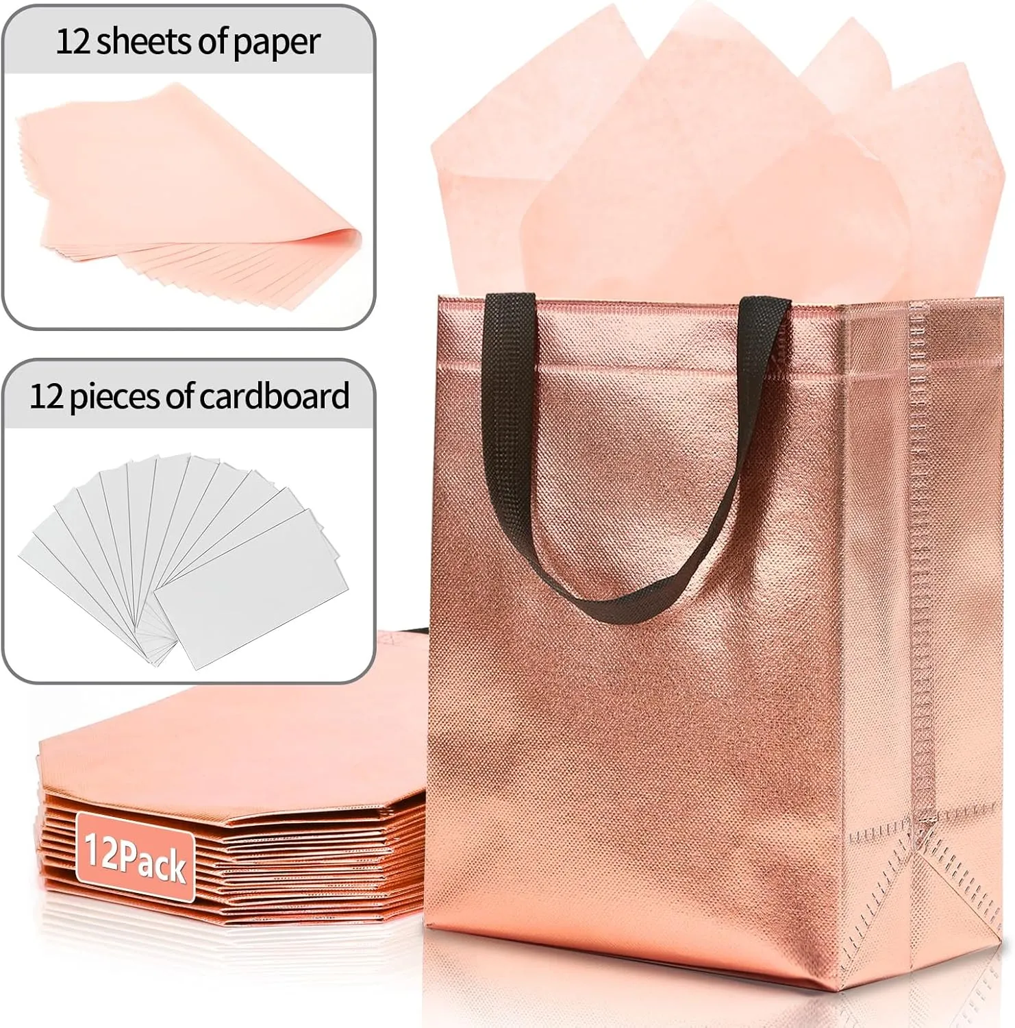 KeerxunBag 12pcs Reusable Gift Bags（Includes Tissue Paper） Gift bag with handle Birthdays Parties Holidays Weddings Medium 10x4x8in rose gold Gift Bags