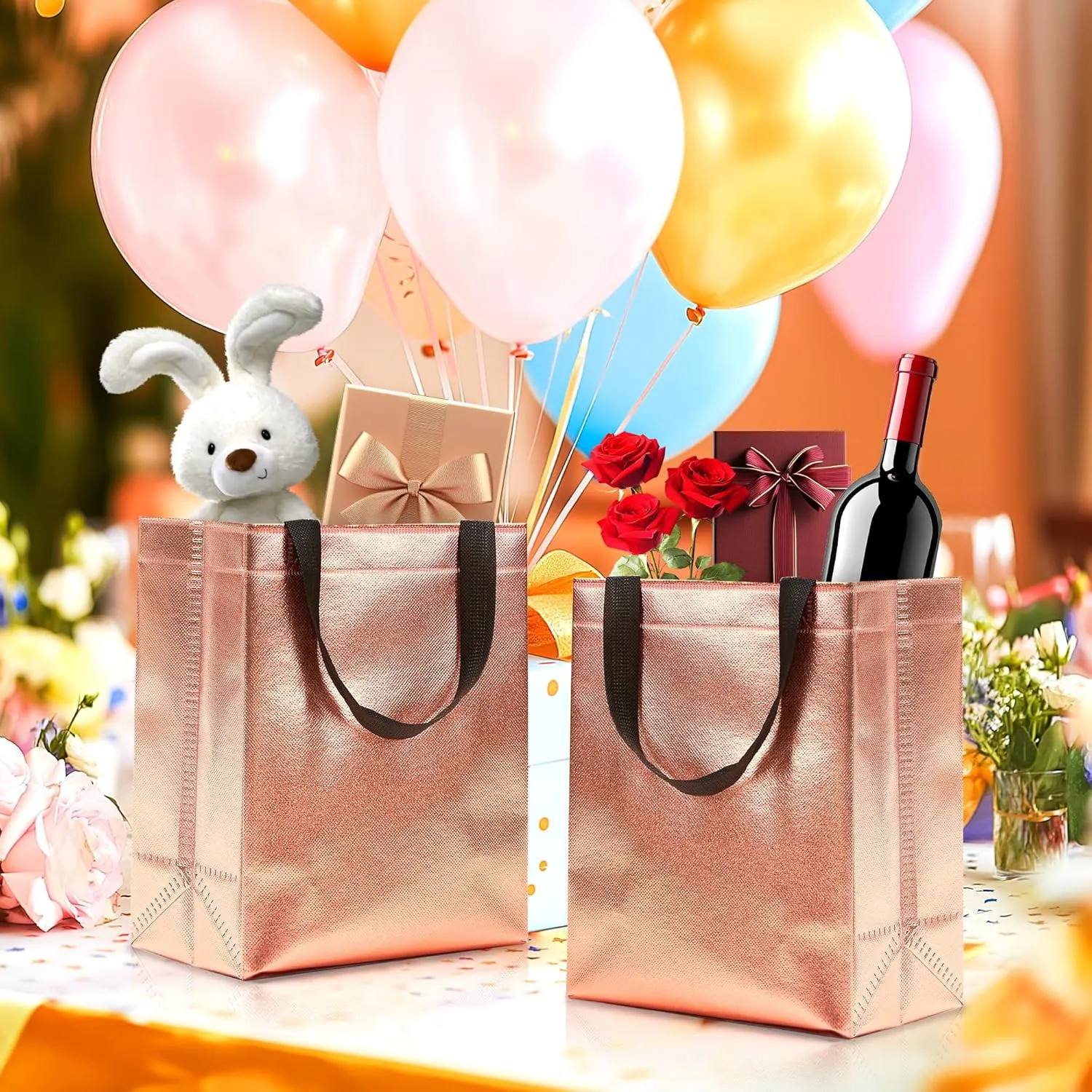 KeerxunBag 12pcs Reusable Gift Bags（Includes Tissue Paper） Gift bag with handle Birthdays Parties Holidays Weddings Medium 10x4x8in rose gold Gift Bags
