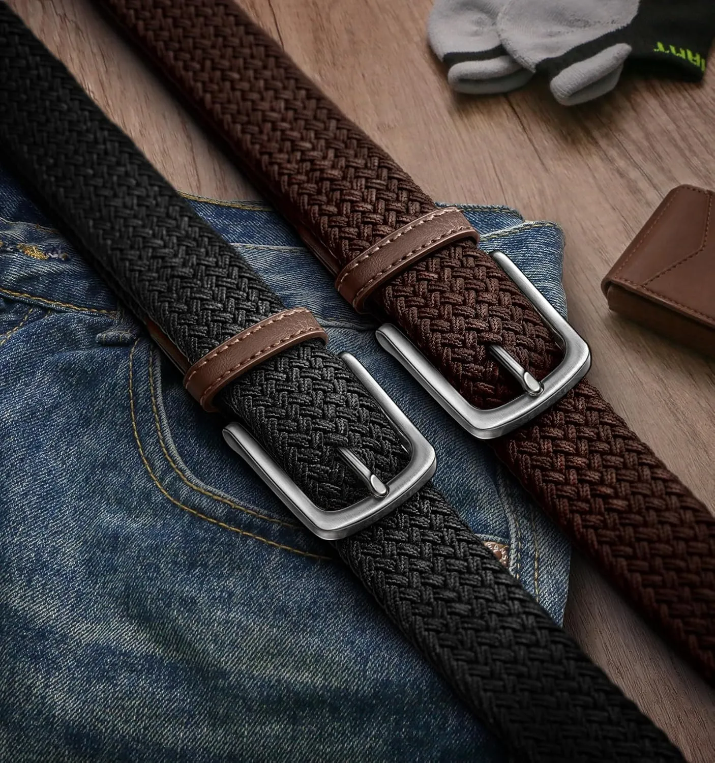 KEMISANT Men's Golf Belt 2 Pack-Braided Woven Stretch Belt for Gift Men Casual Jeans Sports Work 1 3/8"