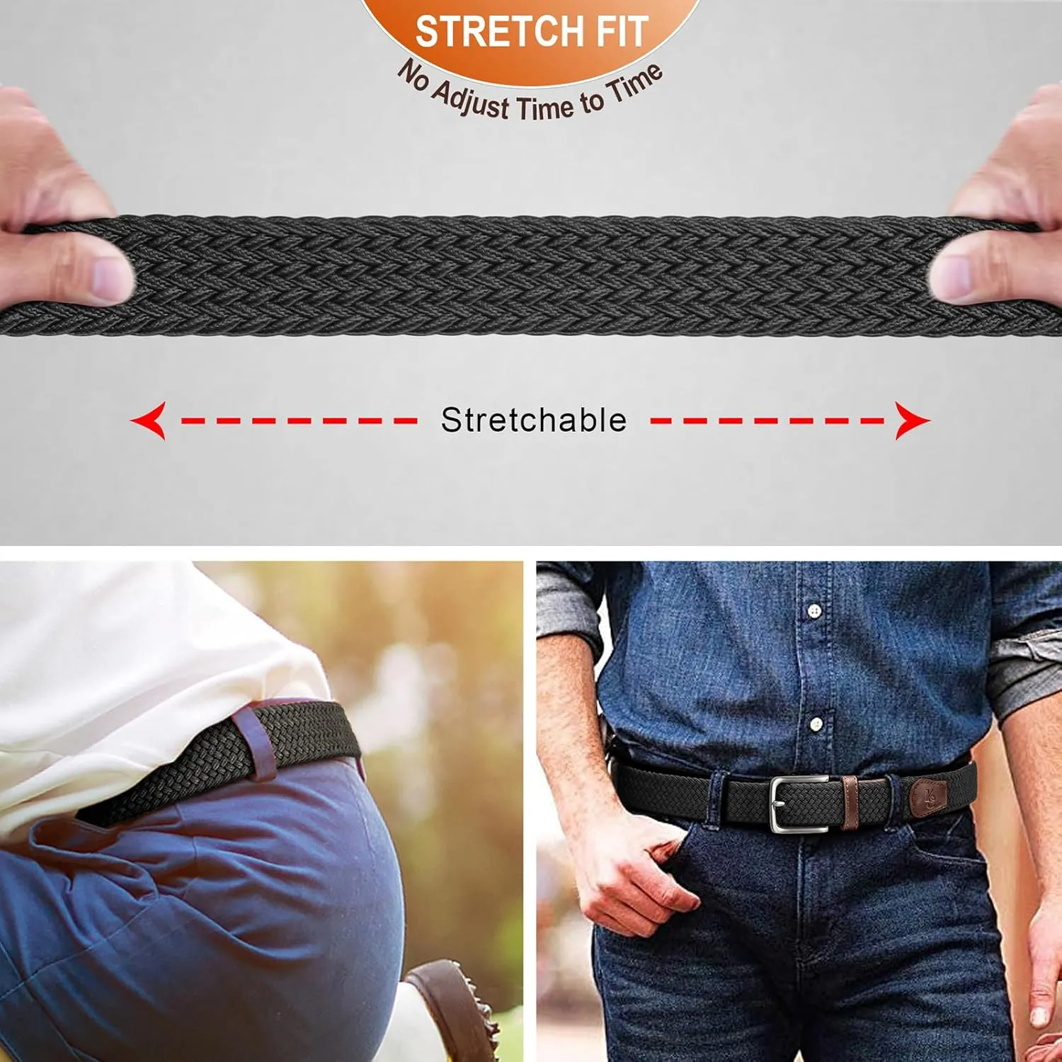 KEMISANT Men's Golf Belt 2 Pack-Braided Woven Stretch Belt for Gift Men Casual Jeans Sports Work 1 3/8"