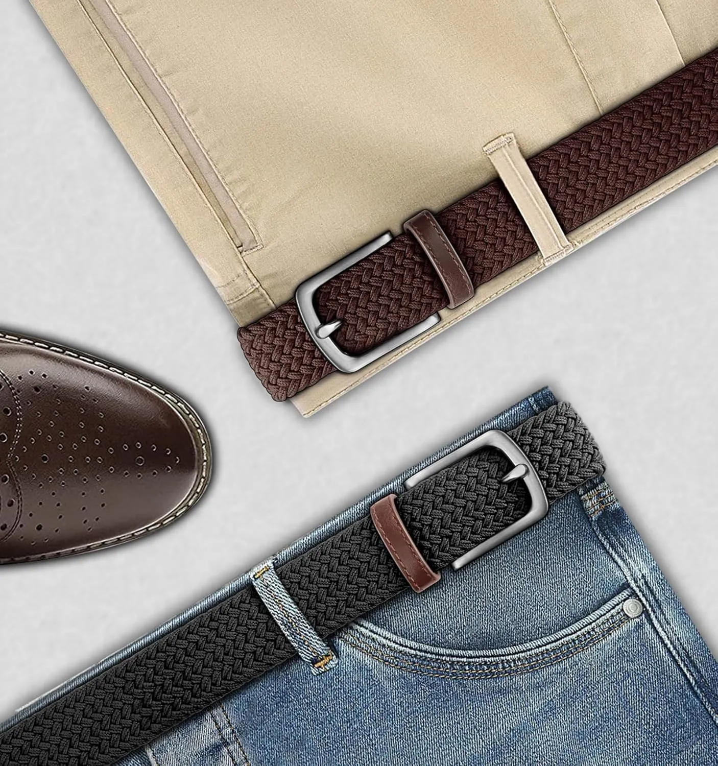 KEMISANT Men's Golf Belt 2 Pack-Braided Woven Stretch Belt for Gift Men Casual Jeans Sports Work 1 3/8"
