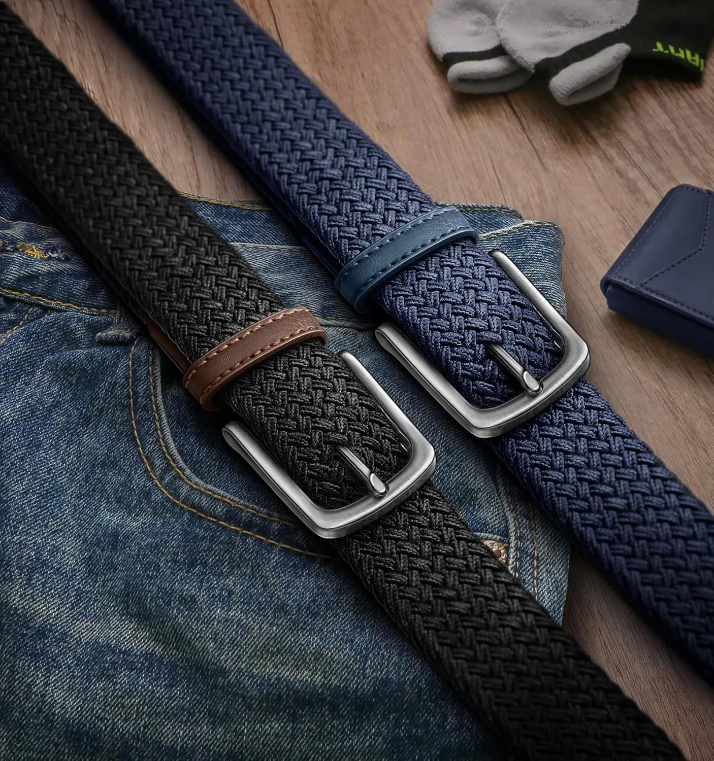 KEMISANT Men's Golf Belt 2 Pack-Braided Woven Stretch Belt for Gift Men Casual Jeans Sports Work 1 3/8"