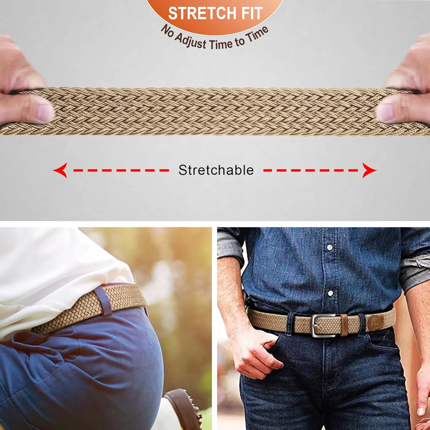 KEMISANT Men's Golf Belt 2 Pack-Braided Woven Stretch Belt for Gift Men Casual Jeans Sports Work 1 3/8"