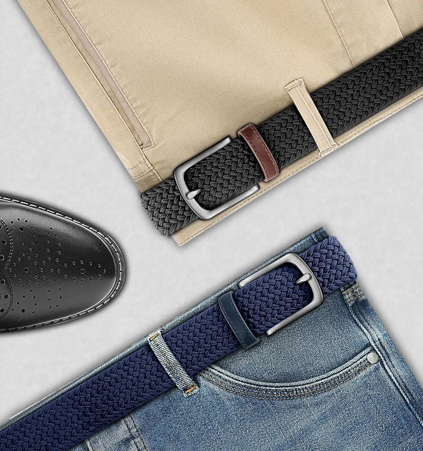 KEMISANT Men's Golf Belt 2 Pack-Braided Woven Stretch Belt for Gift Men Casual Jeans Sports Work 1 3/8"