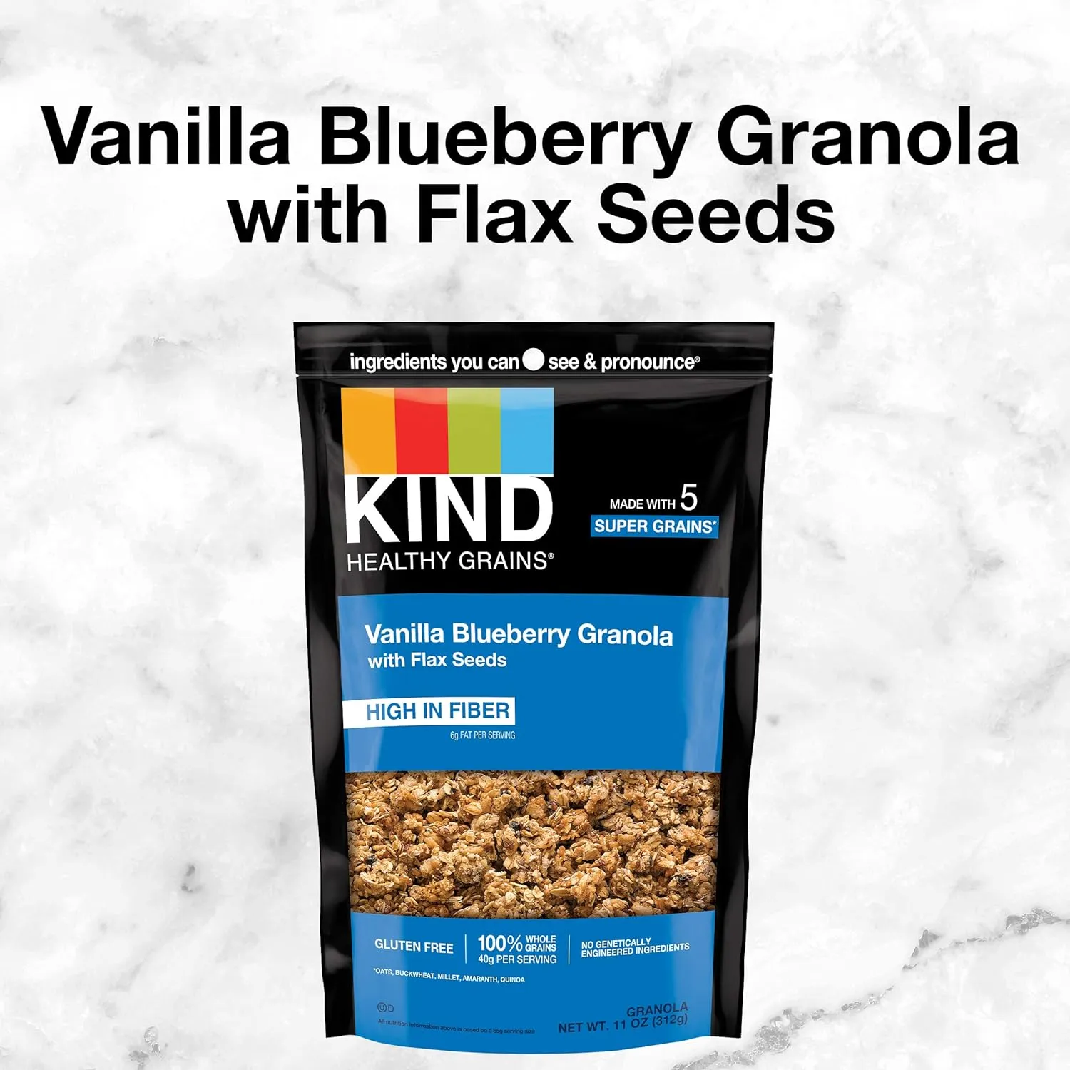 KIND Healthy Grains, Vanilla Blueberry Granola with Flax Seeds, Healthy Snacks, Gluten Free, 100% Whole Grains, 5g Protein, 11oz, 3 Count