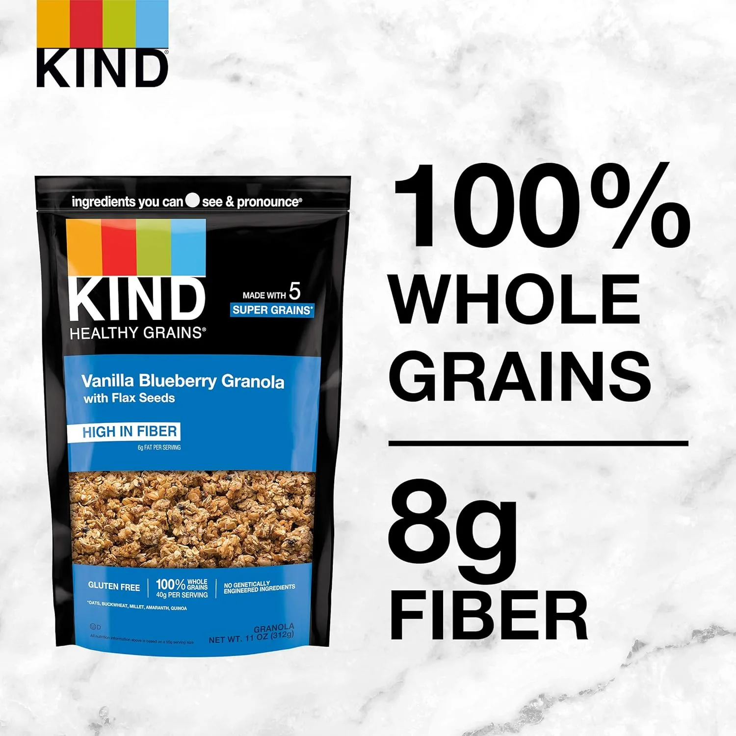 KIND Healthy Grains, Vanilla Blueberry Granola with Flax Seeds, Healthy Snacks, Gluten Free, 100% Whole Grains, 5g Protein, 11oz, 3 Count