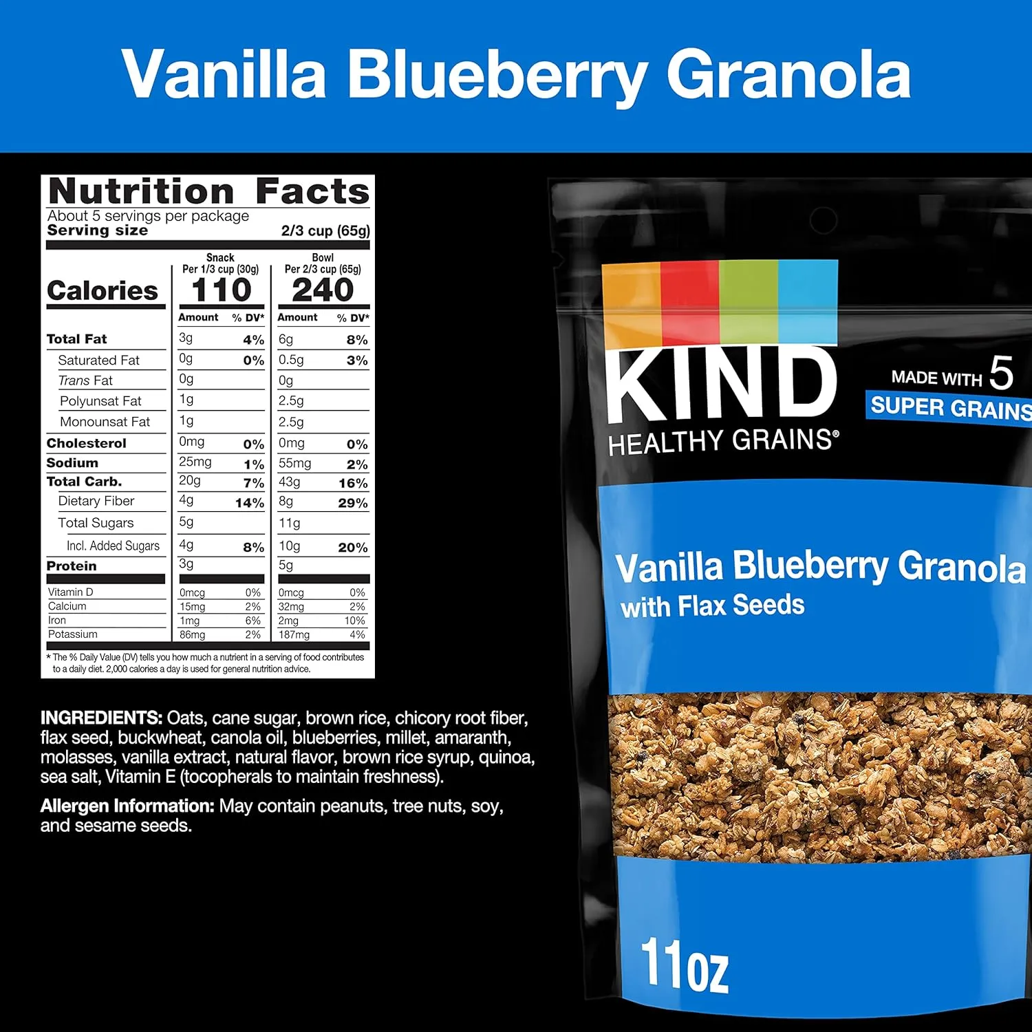 KIND Healthy Grains, Vanilla Blueberry Granola with Flax Seeds, Healthy Snacks, Gluten Free, 100% Whole Grains, 5g Protein, 11oz, 3 Count