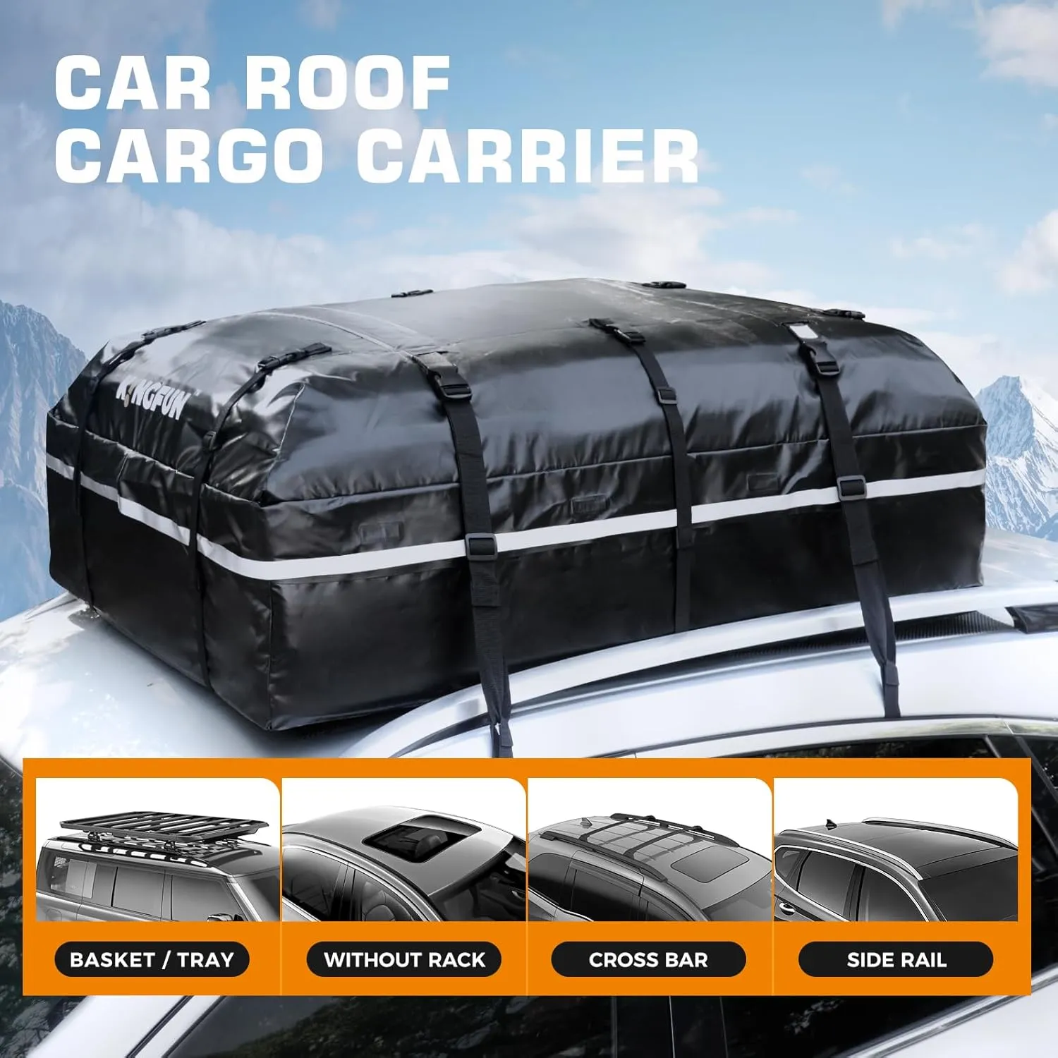 Kingfun Rooftop Cargo Carrier - Waterproof 20 Cubic Feet Car Roof Bag for All Vechicles with/Without Racks, Includes Anti-Slip Mat, 8 Reinforced Straps, 6 Door Hooks, Luggage Lock (Black)